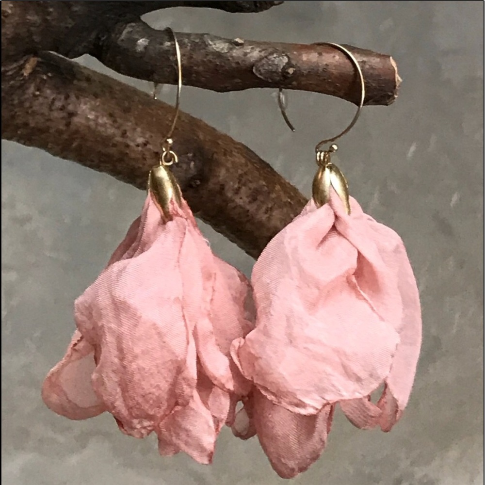 Tulip flower silk earrings romantic tassel drops - Picture 1 of 7
